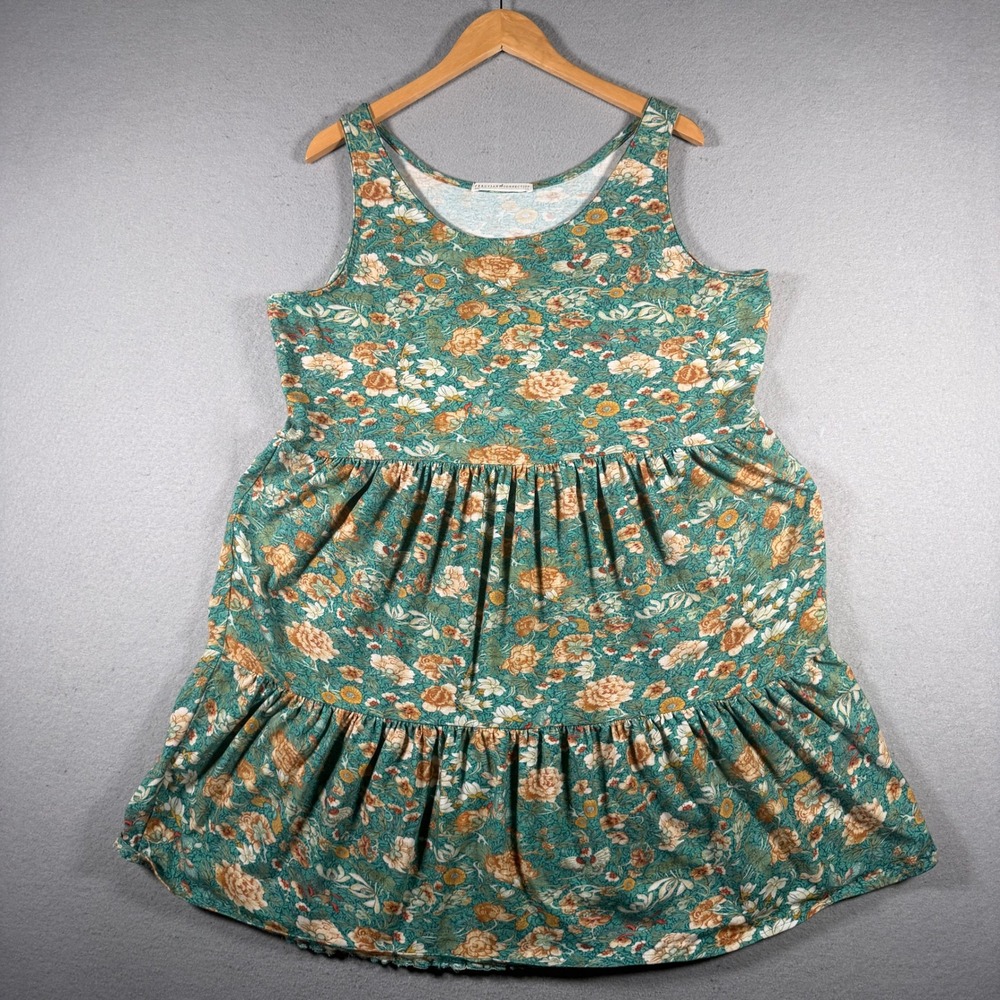 Peruvian Connection‎ XXL Teal Floral Tiered Ruffle Sleeveless Jersey Dress Peru